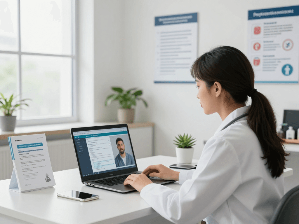 Gesundheitswesen Arzt focused on patient trust and data privacy in a modern consultation office.