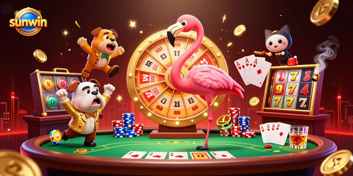 Engaging sunwin illustration featuring a flamingo host and bulldog contestant amidst thrilling casino elements.