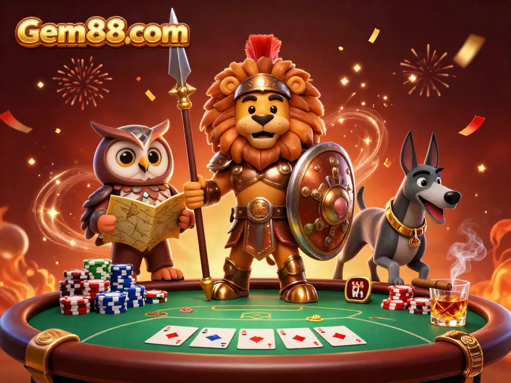 Experience thrilling gaming at gem88com with an epic 3D scene featuring gambling elements.