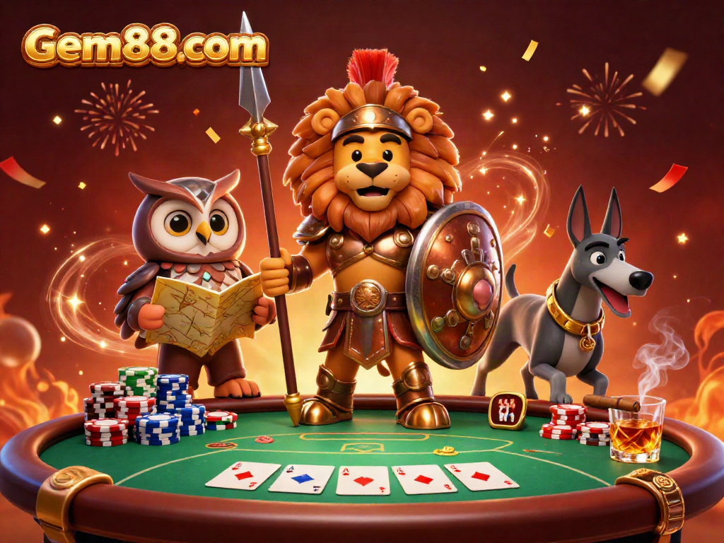 Experience thrilling gaming at gem88com with an epic 3D scene featuring gambling elements.