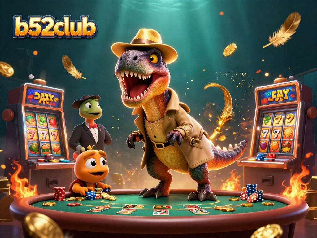 Experience the excitement of b52club with an animated velociraptor card counter at a vibrant blackjack table.