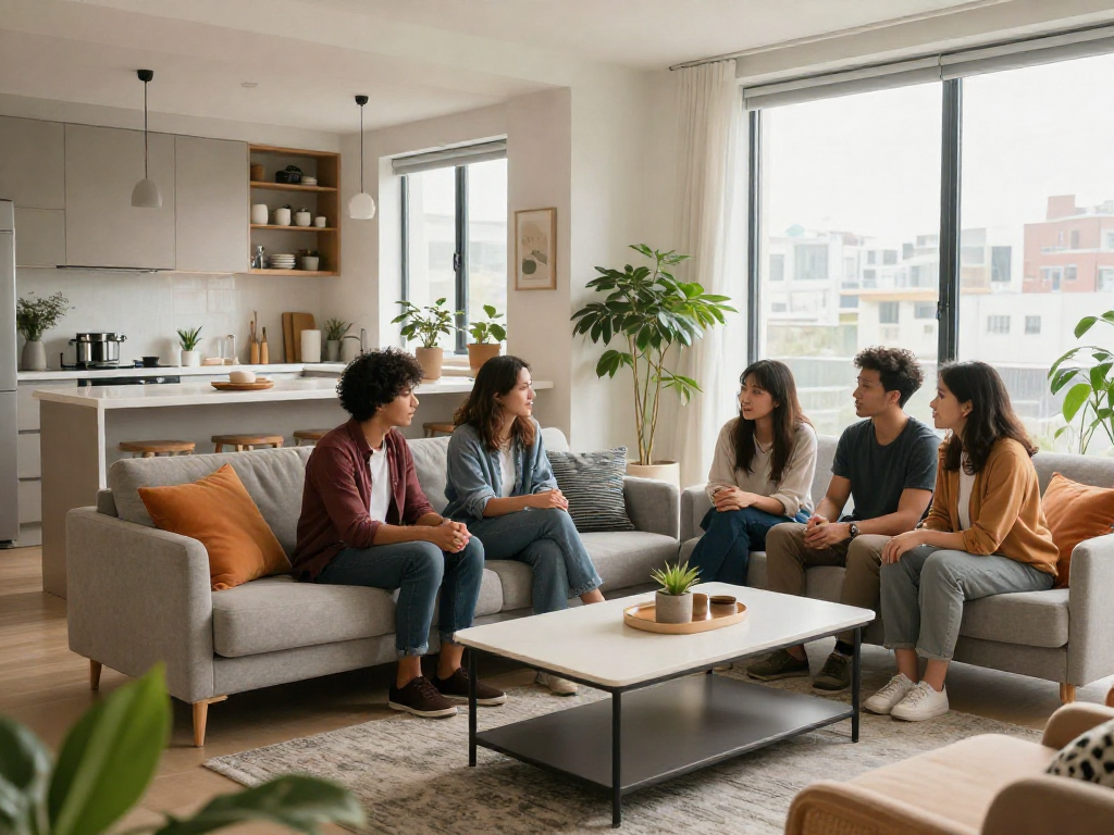 Monteurzimmer mieten hannover: modernes, gemütliches Apartment mit hellem Wohnzimmer und voller Ausstattung für Geschäftsreisende.