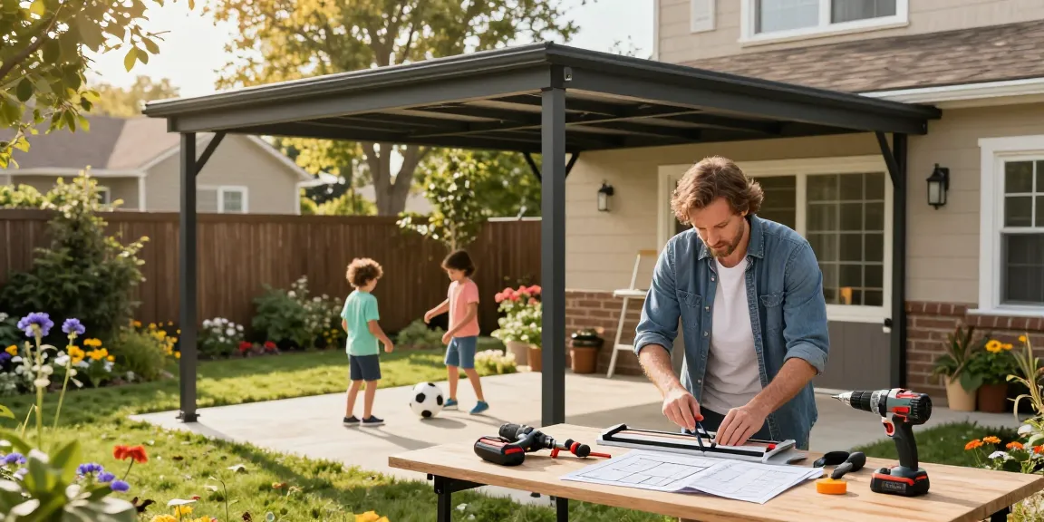 Familie installiert einen Carport im Garten, harmonisches DIY-Projekt mit Werkzeugen und fröhlichen Kindern.
