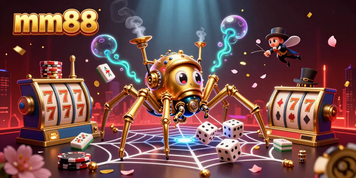 Experience big wins at MM88 with the golden spider capturing luck in a vibrant casino scene.