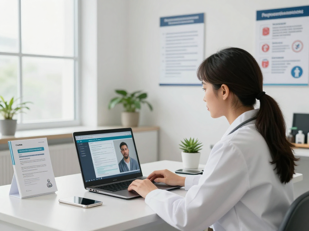 Gesundheitswesen Arzt focused on patient trust and data privacy in a modern consultation office.