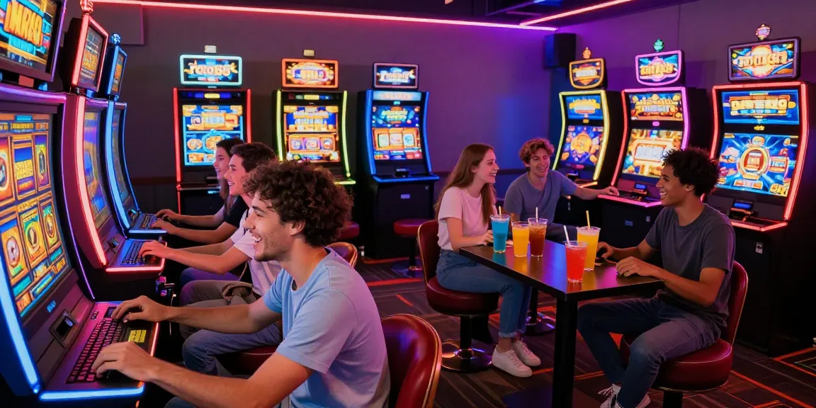 Group playing rokok88 slot login in vibrant gaming lounge with LED lights.