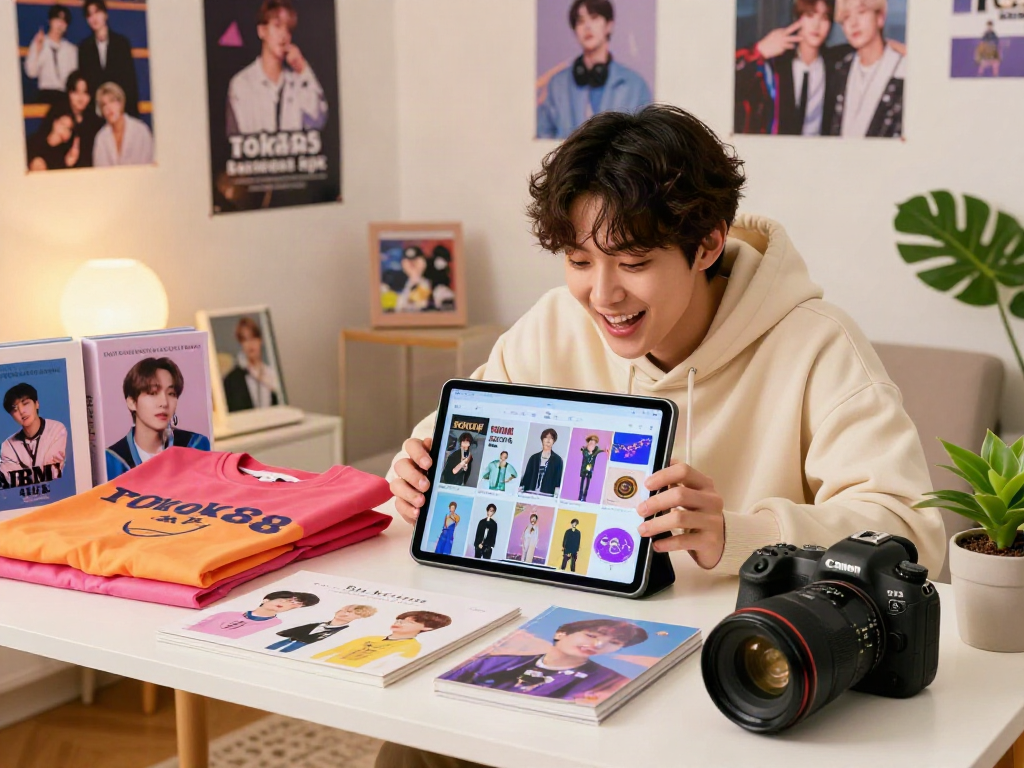 Happy ARMY fan exploring rokok88 apk BTS online merchandise collection in stylish room