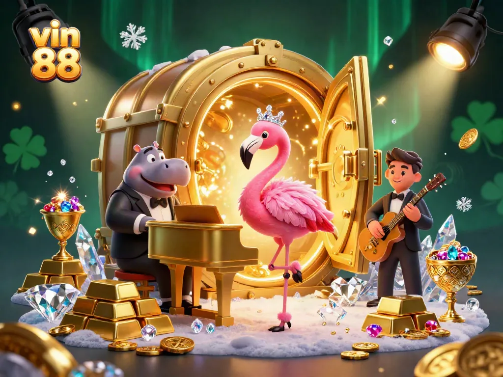 Experience the vibrant world of vin 88 casino with a singing flamingo and hippo bassist amid shimmering treasures.