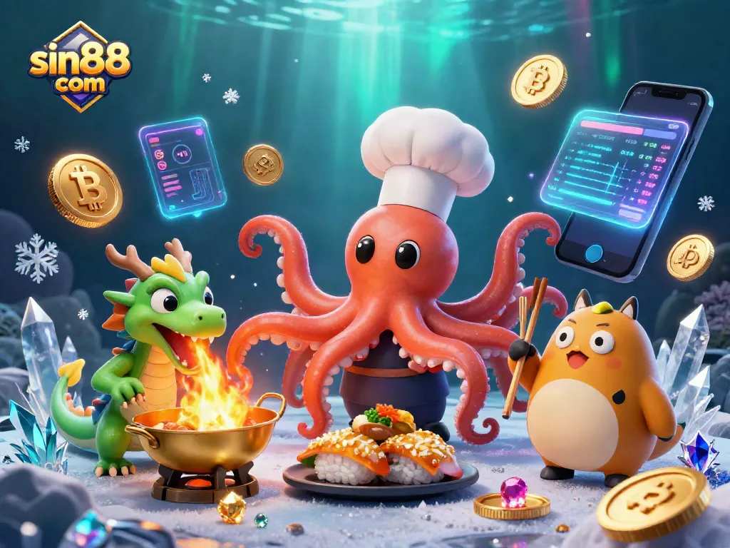 Join the action at sin88 com with a vibrant casino scene featuring characters and crypto elements.
