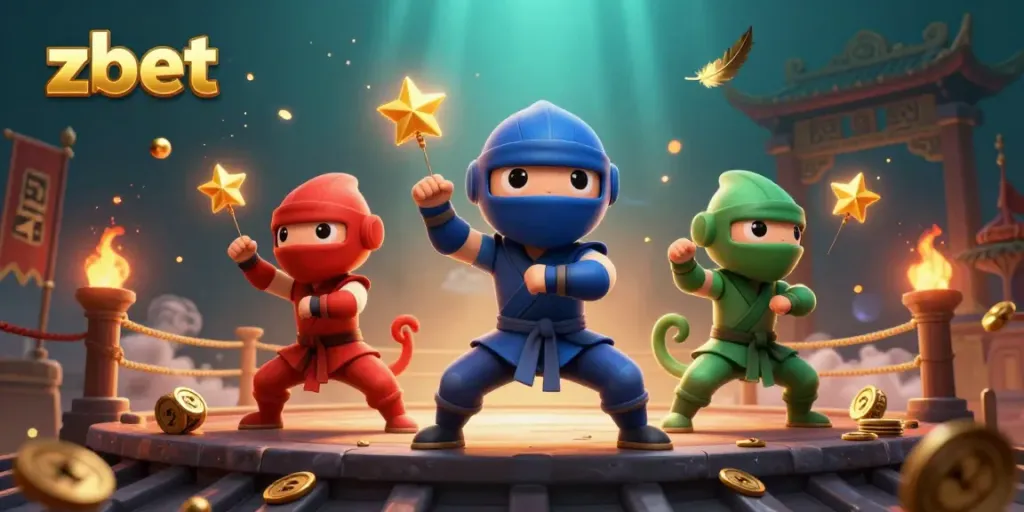 Zbet showcases a dynamic 3D illustration with chameleons engaged in martial arts amidst casino elements.