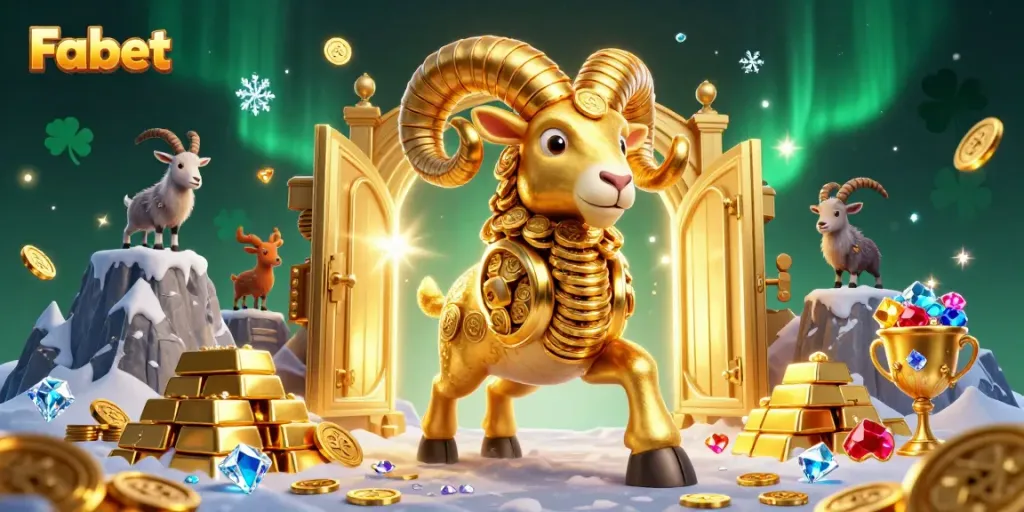 Experience thrilling gameplay at Fabet with a massive golden ram charging through a treasure-filled scene.