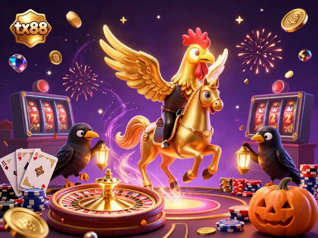 Experience the excitement of tx88 with a golden rooster and mystical companions in a vibrant casino.