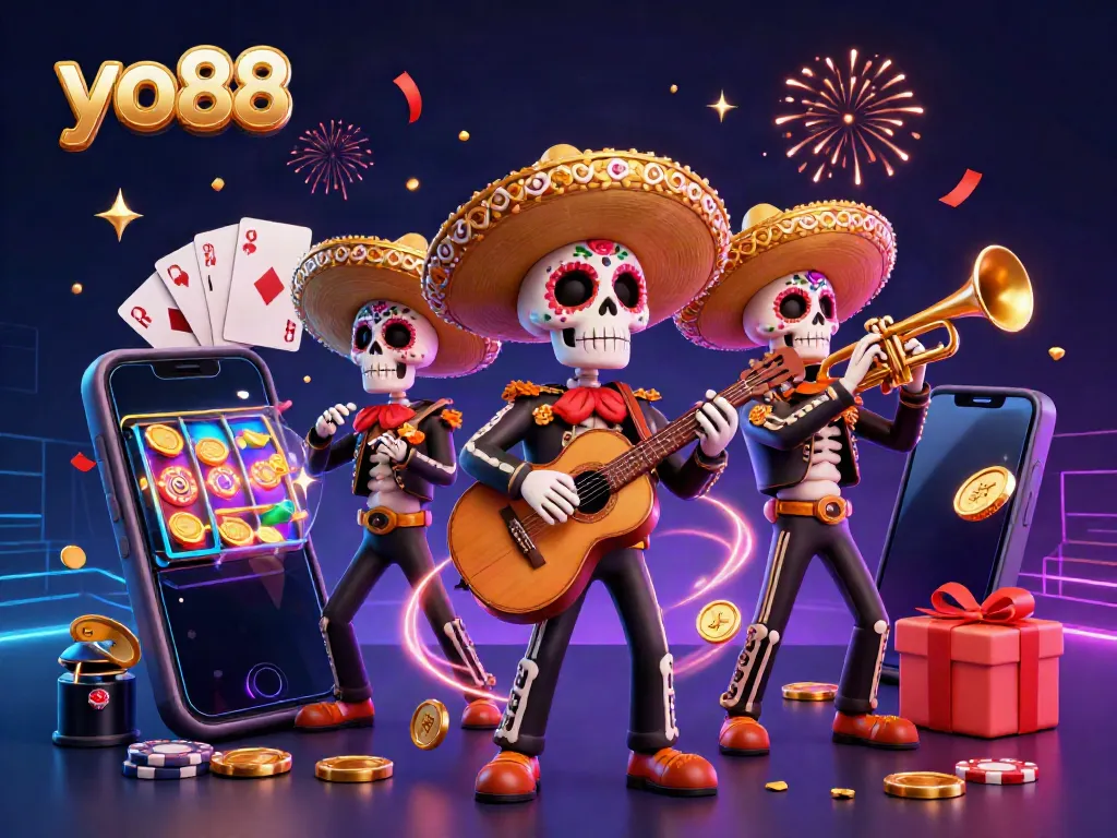 Experience the excitement of yo88 with a vibrant 3D illustration of a mariachi band celebrating amidst casino elements.