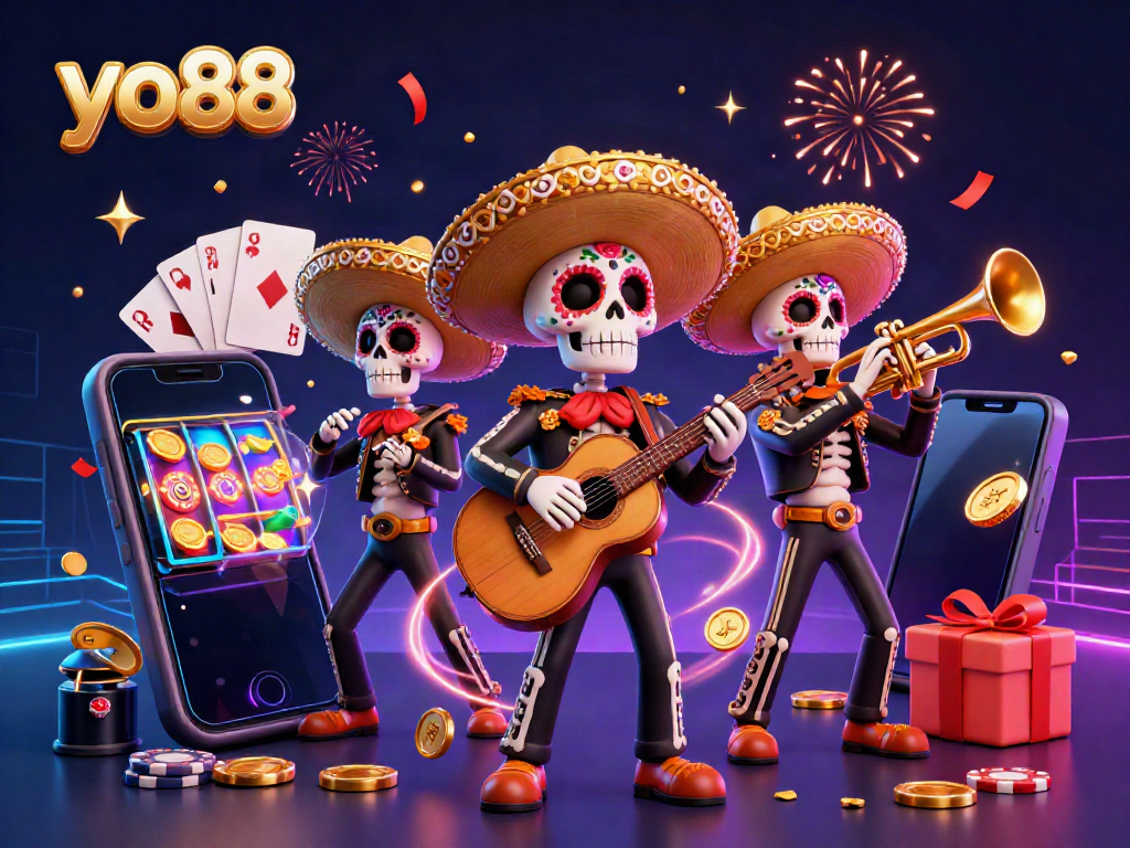 Experience the excitement of yo88 with a vibrant 3D illustration of a mariachi band celebrating amidst casino elements.
