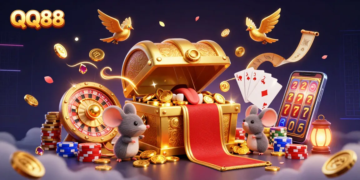 Experience thrilling gambling at QQ88 with vibrant treasures, dynamic casino elements, and captivating visuals.