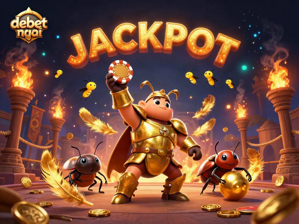 Experience debet mới with vibrant casino action featuring a hercules beetle champion lifting a jackpot poker chip surrounded by exciting gaming elements.