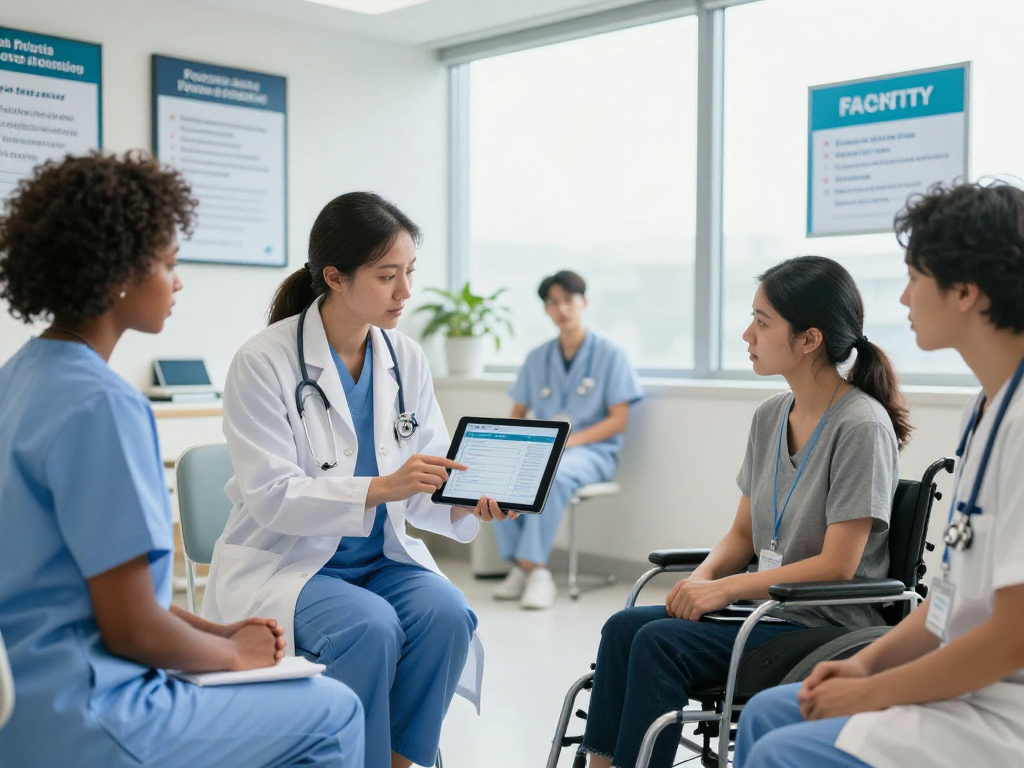 Gesundheitswesen Arzt - Mediziner besprechen Datenschutz und Barrierefreiheit in moderner Klinik mit zugänglichem Wartebereich.