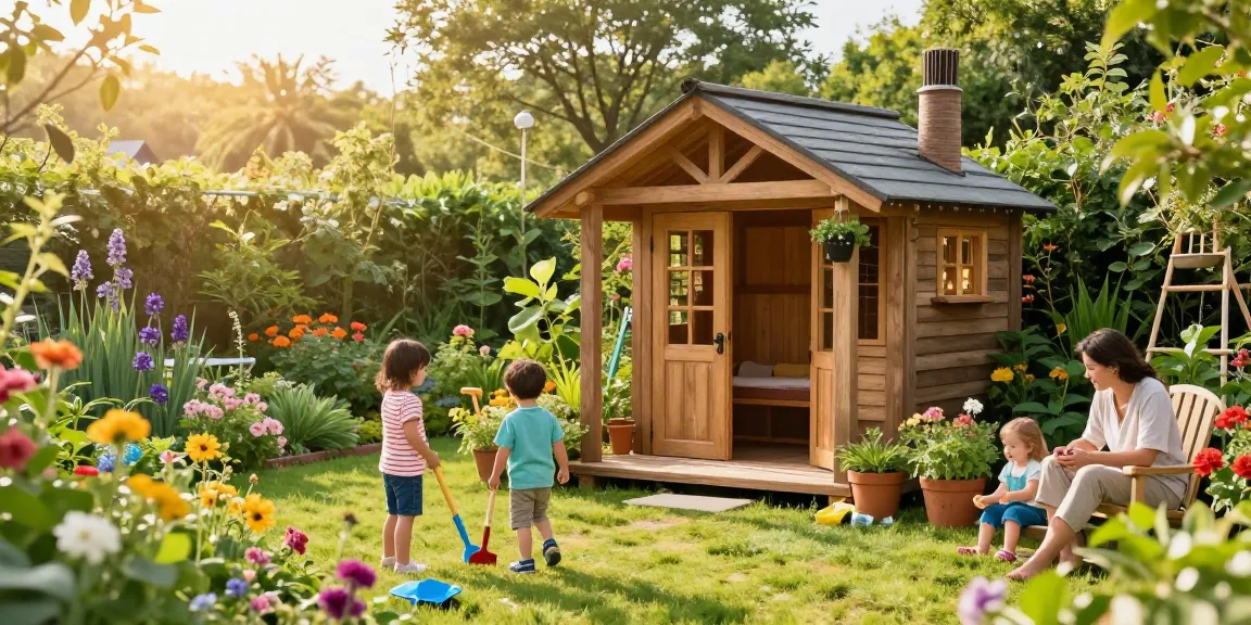Gartenhaus im Grünen mit spielenden Kindern und bunten Blumen umgeben.