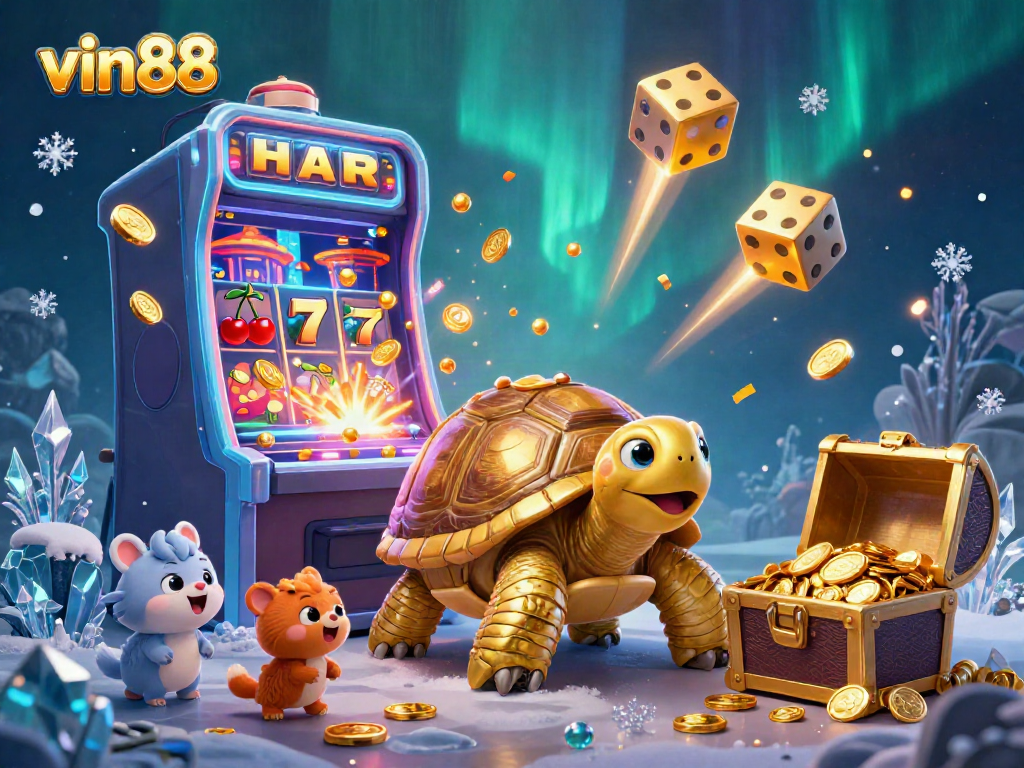 Experience the exciting vin88 gaming world, featuring a colorful pinball tortoise and vibrant slot machine jackpot scene.