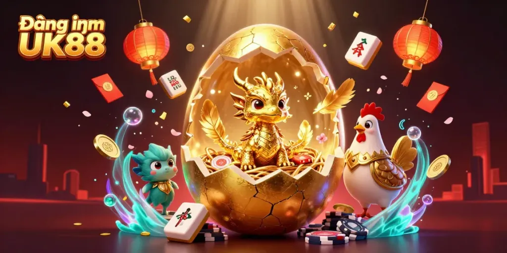 Engage with Đăng nhập UK88 and explore a vibrant casino scene featuring a golden dragon and poker chips.