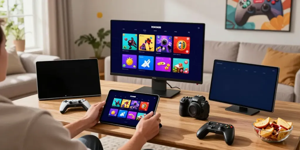 Player engaged in ROKOK88 link login on a tablet, surrounded by gaming elements in a cozy living room.