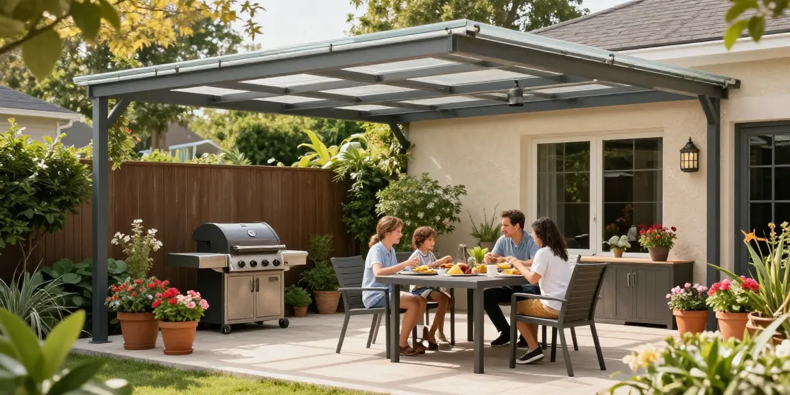 Moderne Terrassenüberdachung mit Familie, die im Garten speist.
