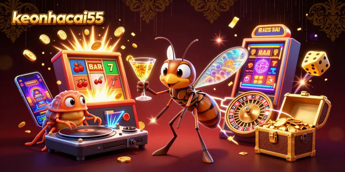 Immerse with keonhacai55 as a frozen-in-amber mosquito mascot, vibrant casino elements and energy.