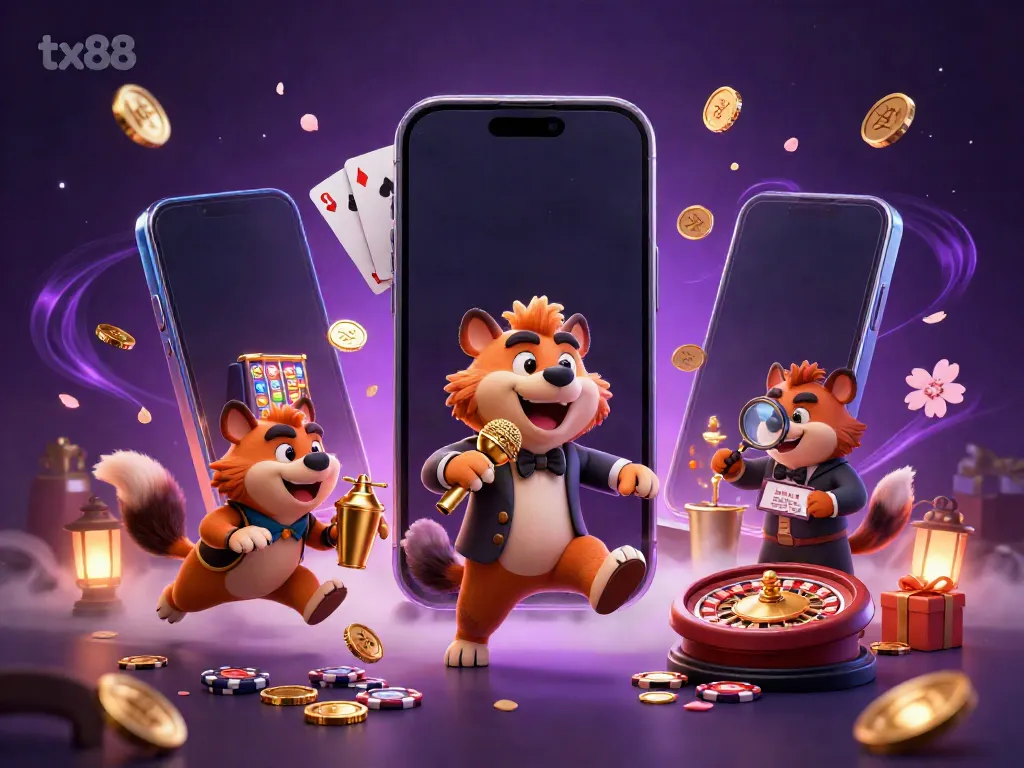 Hyenas entertain at tx88 casino with vibrant games and golden coins in a lively atmosphere.