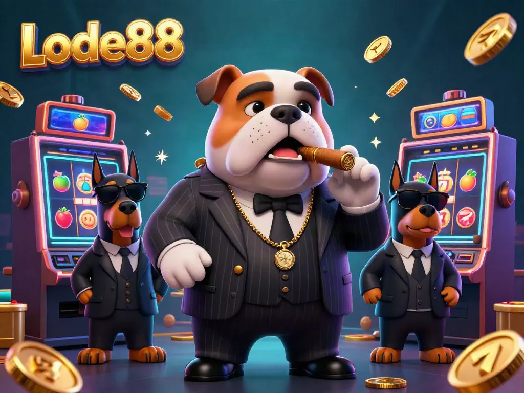 Engage with Lode88's vibrant casino universe featuring colorful slot machines and a stylish mafia bulldog.