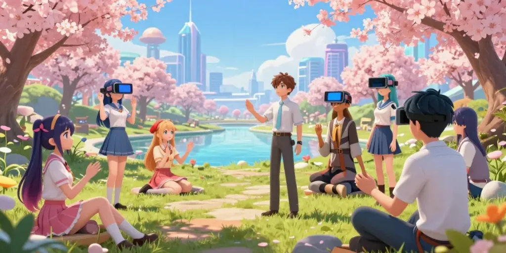 AI hentai chat scene with diverse characters engaging in a colorful digital environment