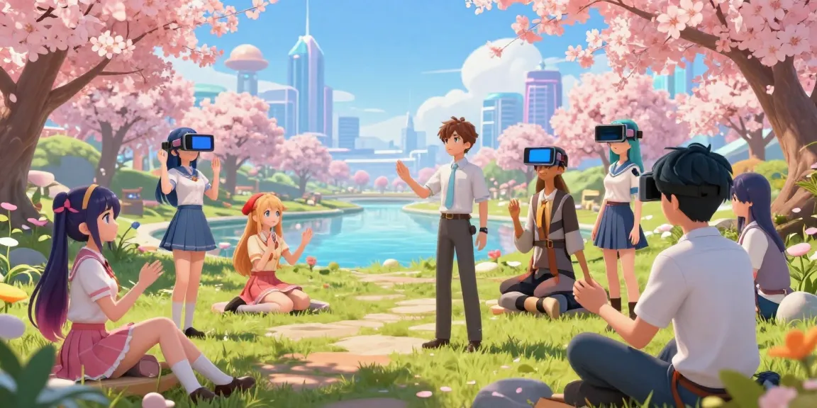 AI hentai chat scene with diverse characters engaging in a colorful digital environment