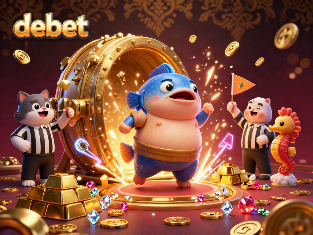 Experience the excitement at debet with a vibrant underwater casino illustration featuring a sumo blowfish in action.