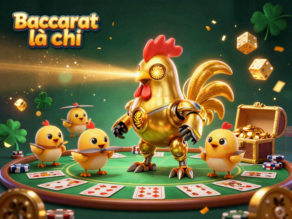 Baccarat là gì scene with a golden rooster robot, Baccarat table with cards, and gold coins.