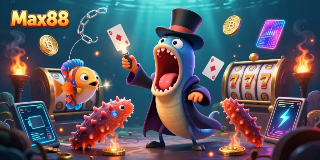 Experience vibrant Max88 casino thrills with a magical underwater scene featuring card tricks and crypto coins.