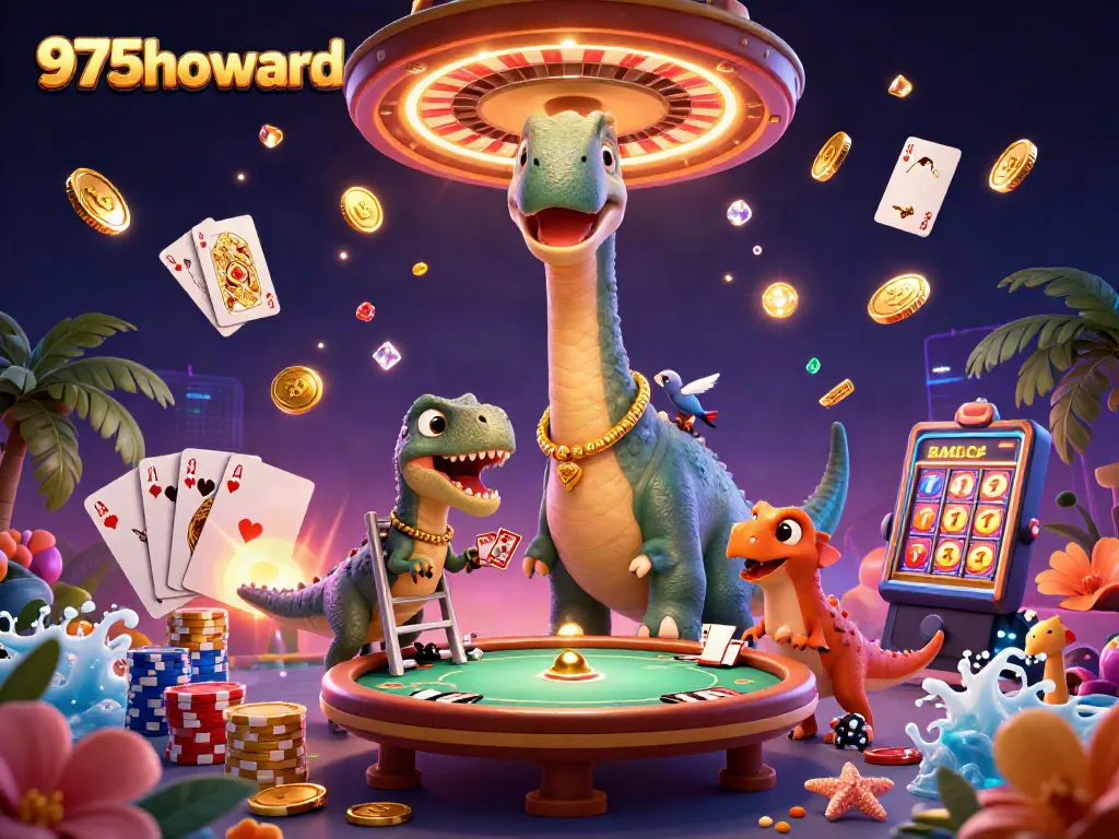 Experience exciting gameplay at 975howard as the brontosaurus and raptor deal cards in a vibrant casino.