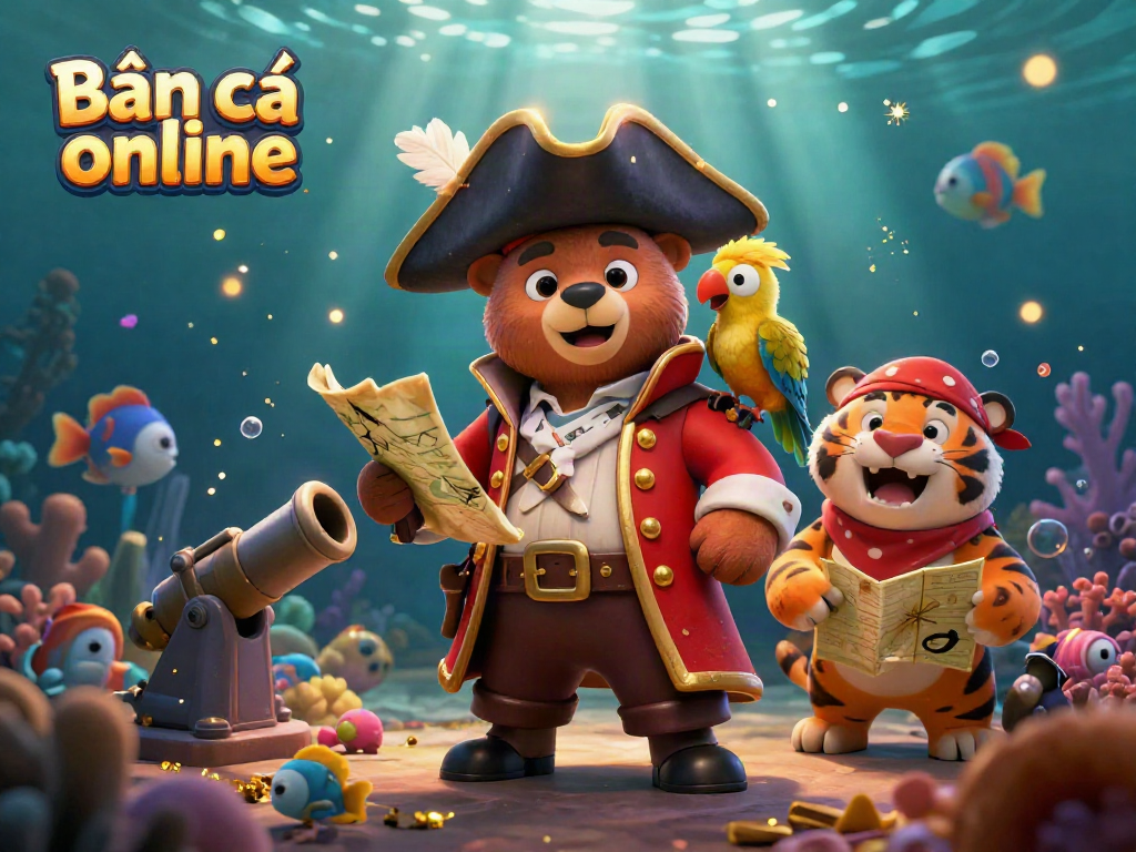 Experience thrilling Bắn cá online adventures with a pirate bear and tiger on a vibrant underwater scene.