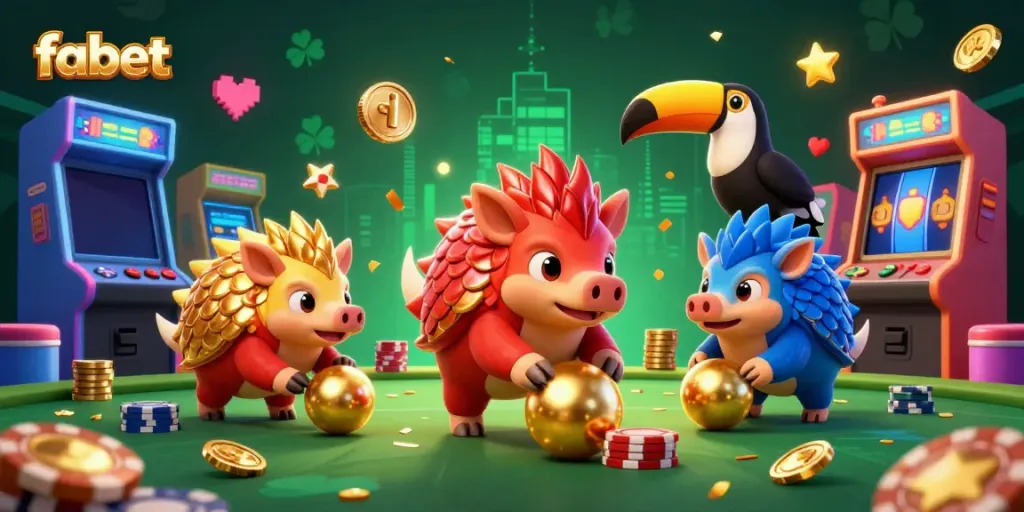 Experience thrilling gaming action at fabet with rival pangolins competing amidst a vibrant casino setting.