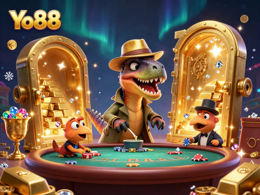 Engage with Yo88 at a casino scene featuring a velociraptor in disguise and surprise elements around a blackjack table.