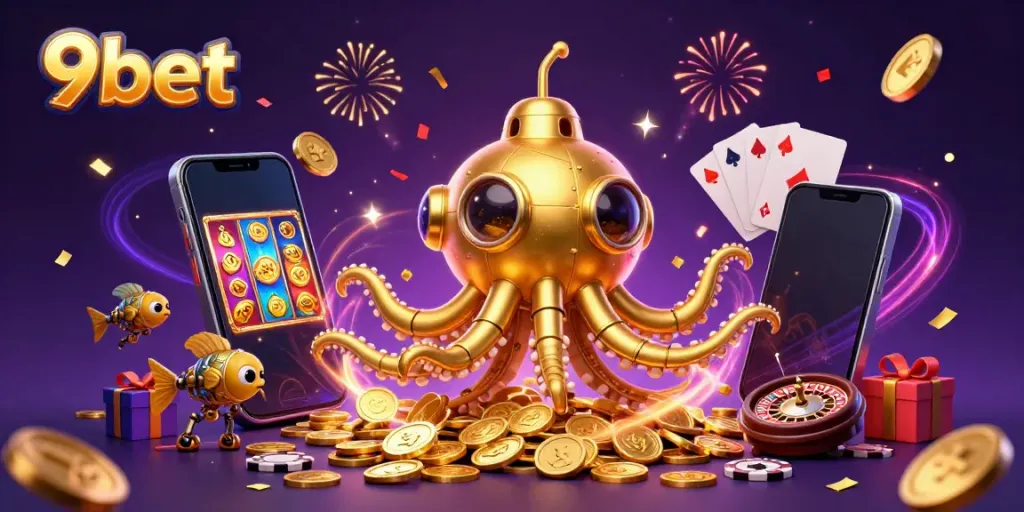 Experience thrilling wins with 9bet's vibrant casino scene featuring golden kraken and slot games.