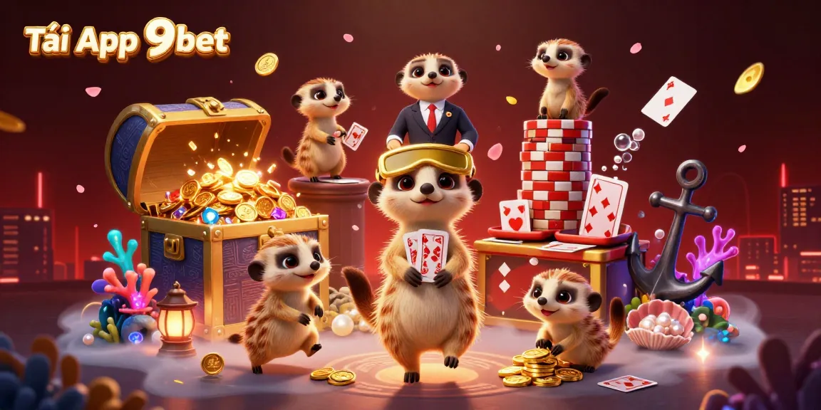 Engage with thrilling features of Tải App 9bet in a vibrant 3D meerkat casino scene.