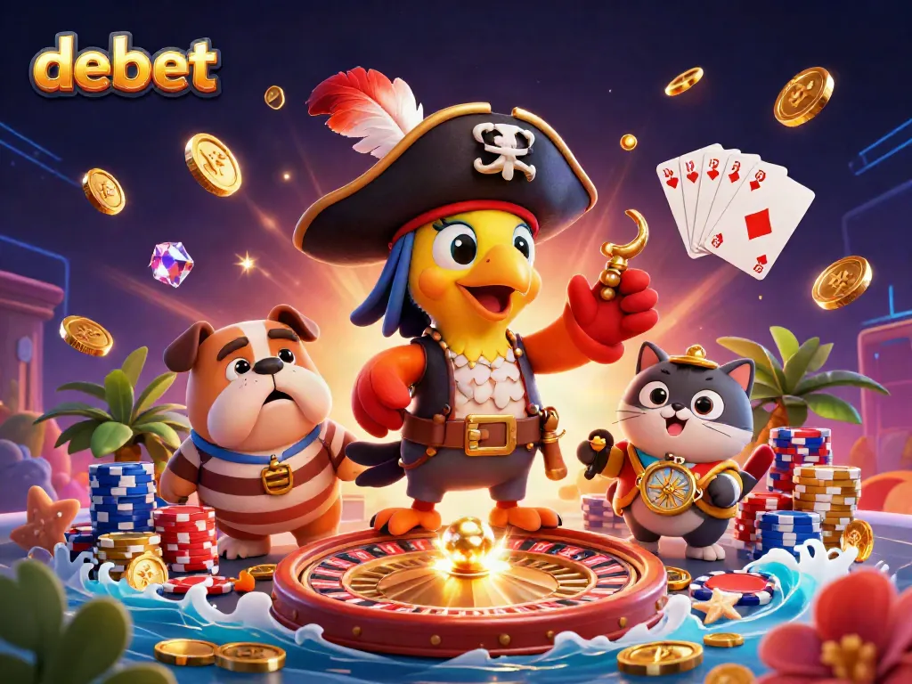 Immerse in debet's vibrant casino world with a dynamic pirate scene filled with gold and excitement.